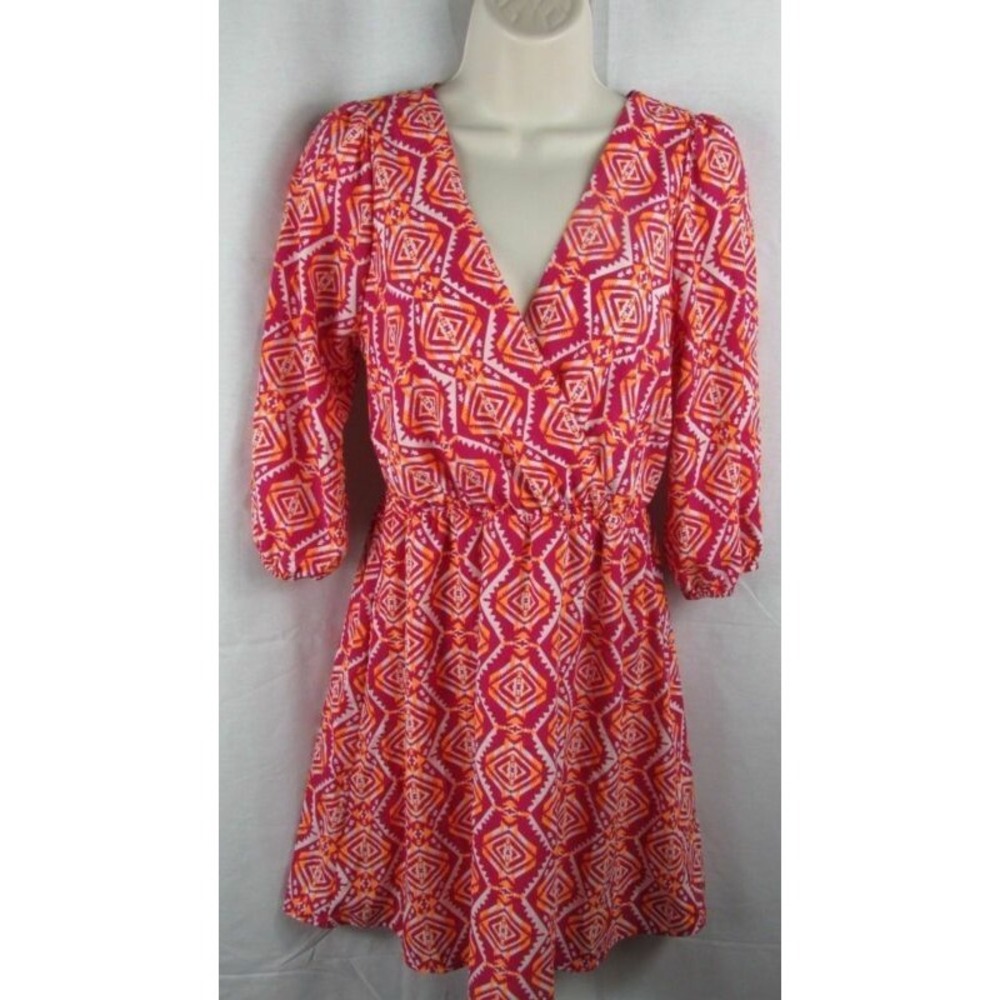 Everly Dress Small dark pink orange print Elastic Waist Mid Sleeve Lined S Women